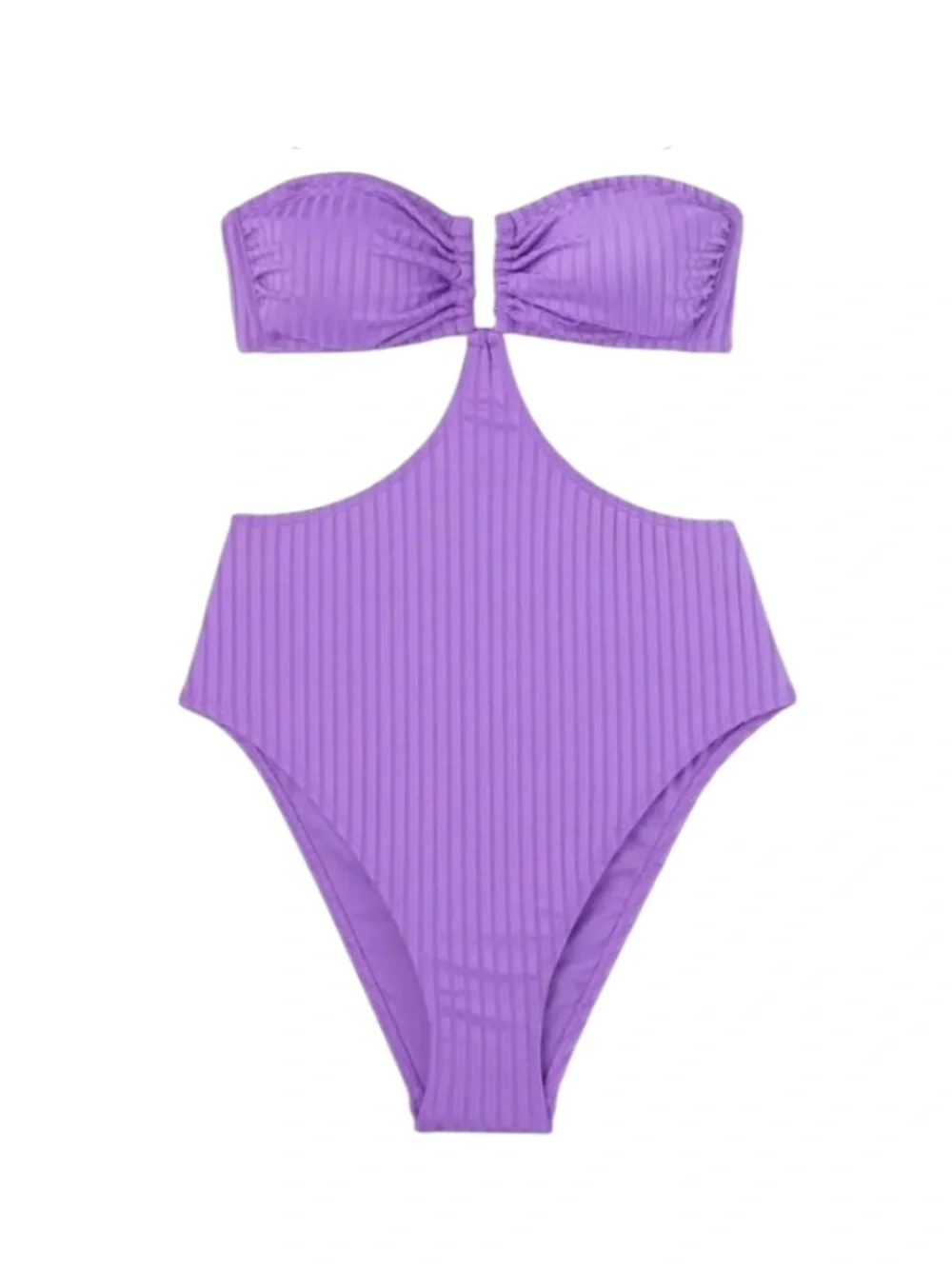 🌻NEW Shade & Shore Purple Ribbed Bandeau Cut Out One Piece Swimsuit Monokini M